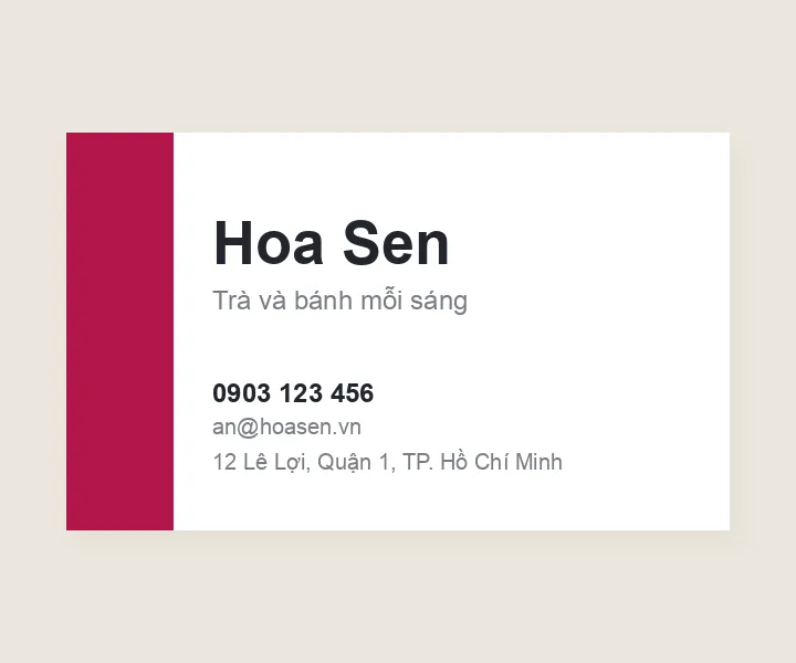 Cùng danh thiếp, dải màu kín tới mép, dòng liên lạc chữ to rõ