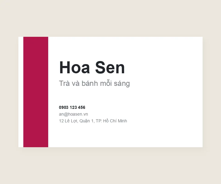 Danh thiếp có dải màu bên trái hở viền giấy trắng ở mép, dòng liên lạc chữ rất nhỏ