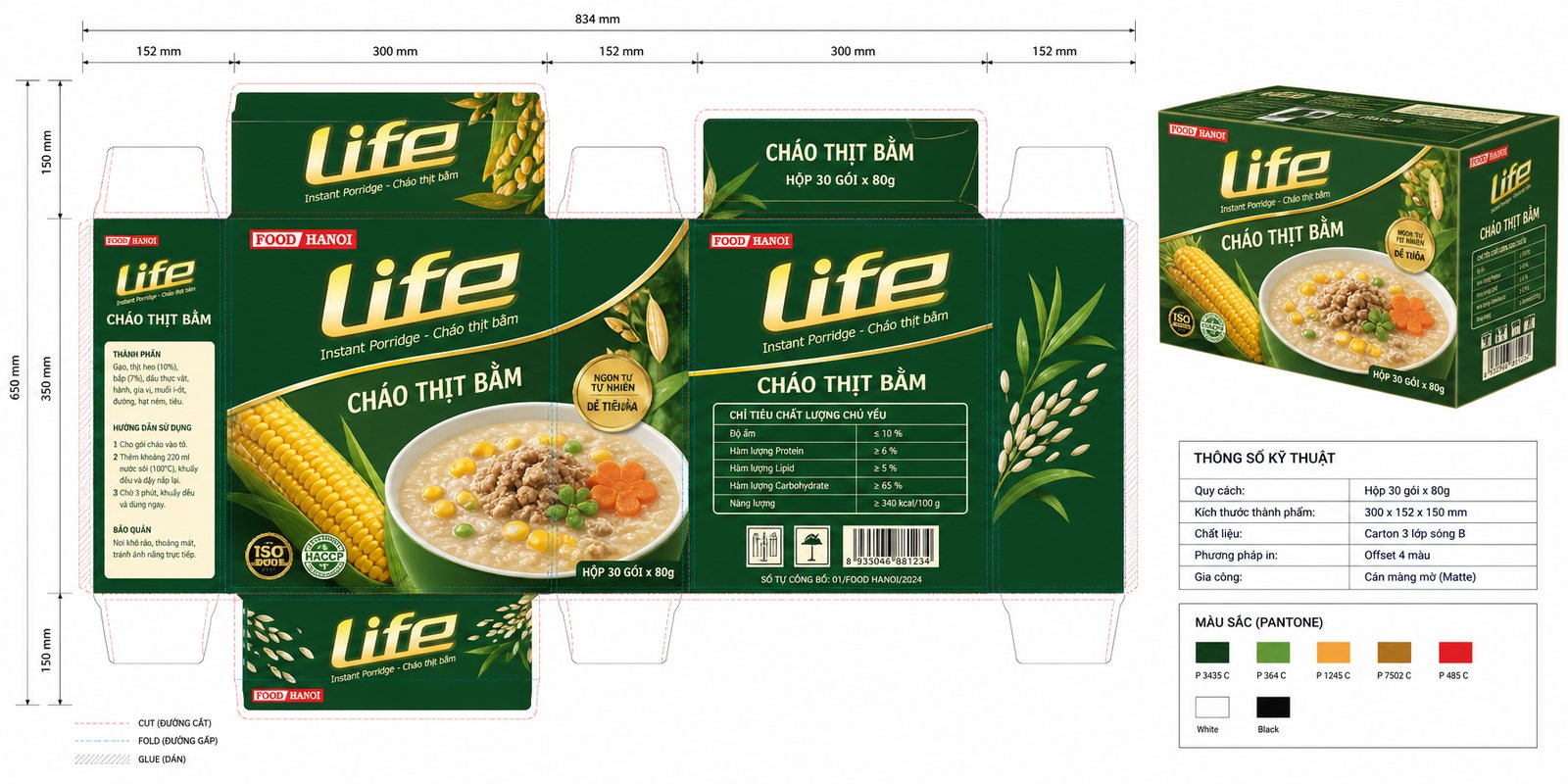 Quy cách dàn khuôn hộp đựng 30 gói cháo Life