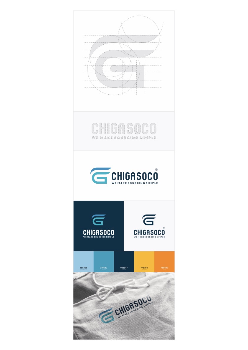 Bộ nhận diện đầy đủ Bảng hệ thống nhận diện Chigasoco: lưới dựng, biến thể logo, bảng màu và ứng dụng