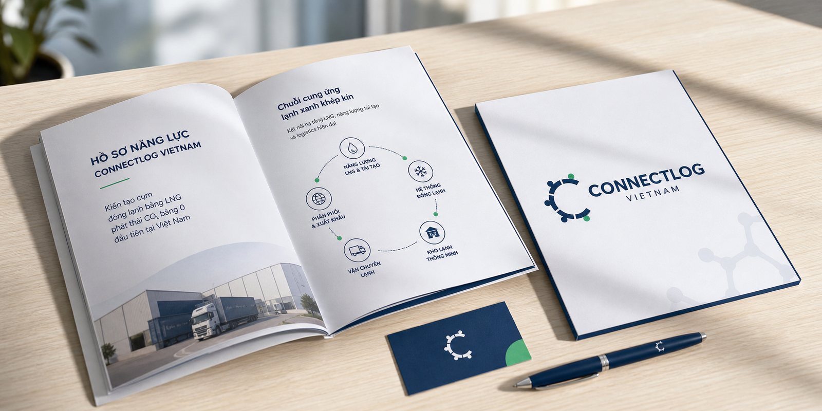 Bộ hồ sơ năng lực ConnectLog mở trên bàn, thể hiện chuỗi cung ứng lạnh xanh