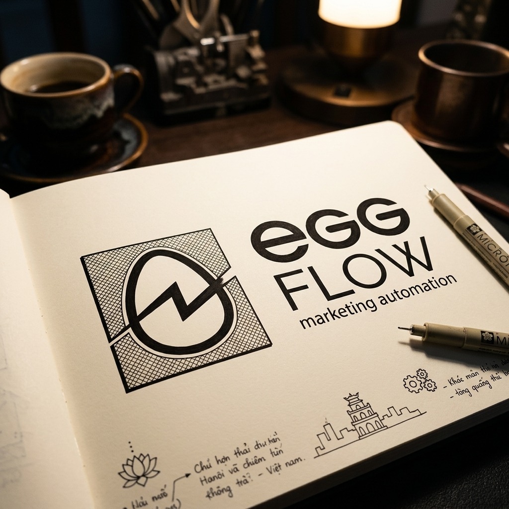The EggFlow mark and wordmark inked on a sketchbook