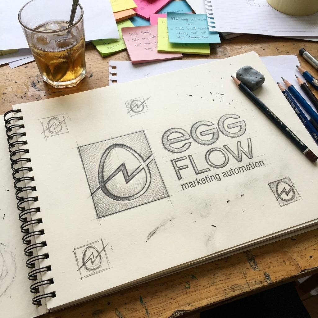 Pencil sketch of the EggFlow mark on a sketchbook