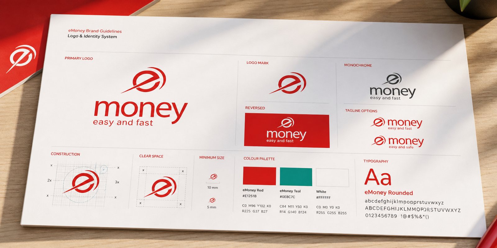 Bảng hệ thống nhận diện eMoney: dấu hiệu, biến thể, bảng màu đỏ và teal