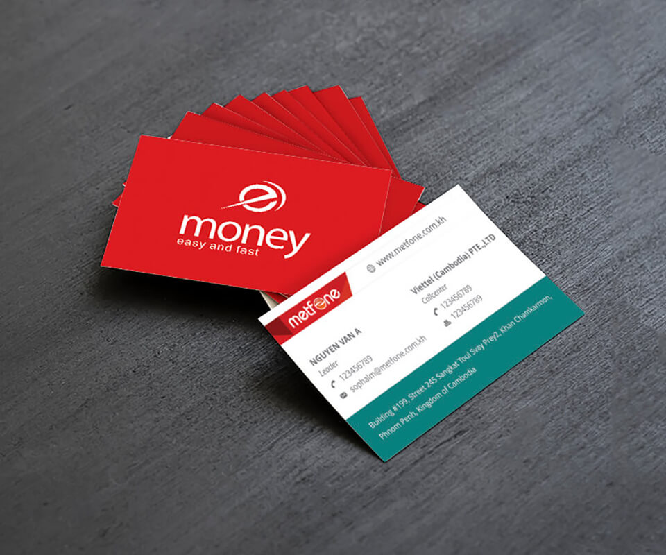 Danh thiếp eMoney hai mặt, mặt đỏ logo trắng và mặt liên hệ Metfone Viettel Cambodia