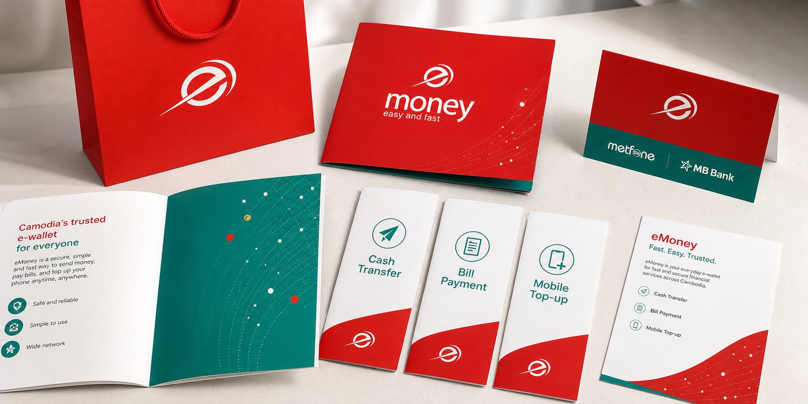 Bộ bán hàng eMoney: tờ gấp dịch vụ chuyển tiền, hóa đơn, nạp thẻ và ấn phẩm giới thiệu