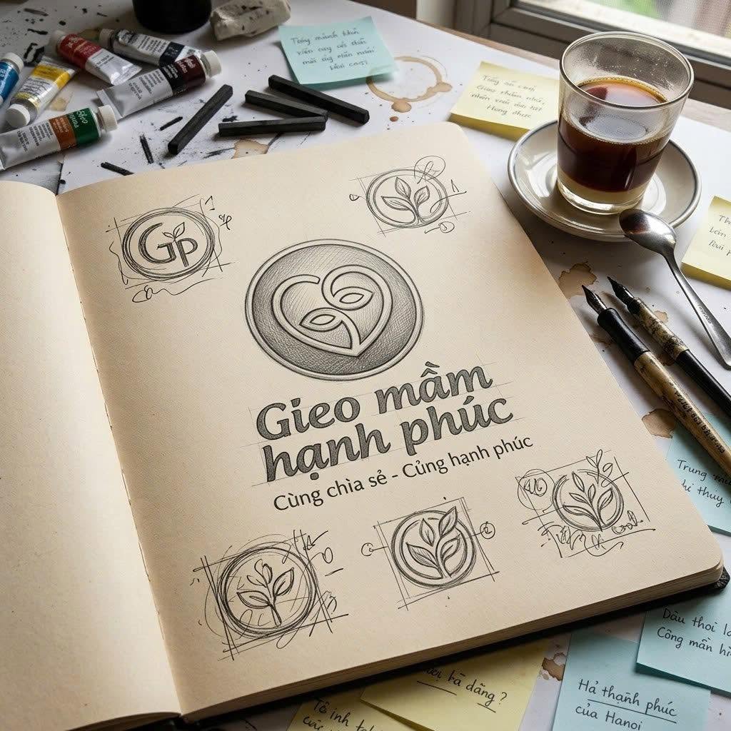 Mark sketches Sketch options for the Gieo Mầm Hạnh Phúc mark on a notebook page