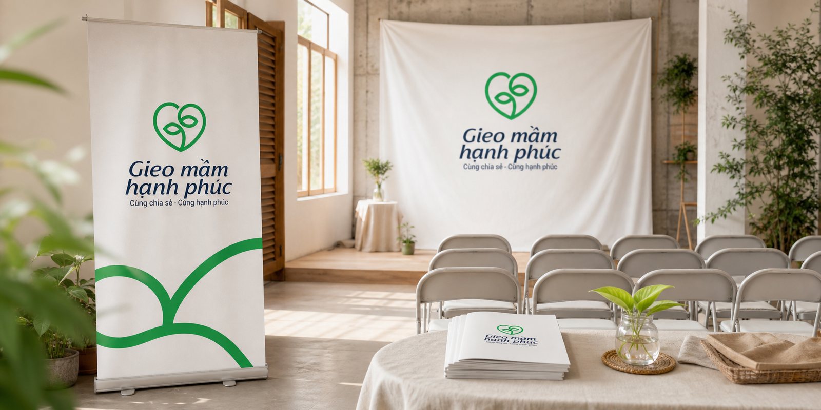 Gieo Mầm Hạnh Phúc standee and backdrop at a community sharing event