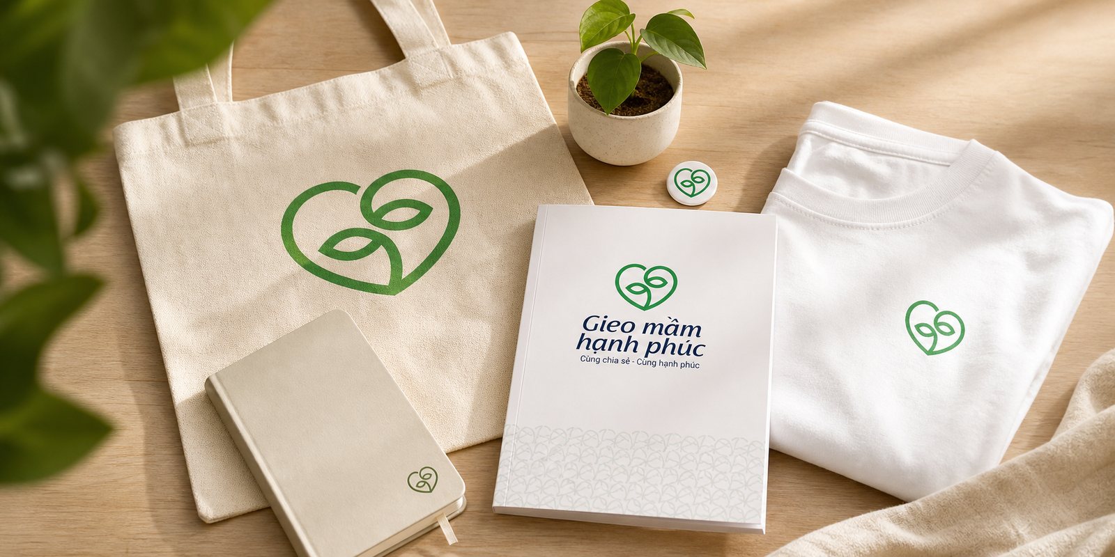 The Gieo Mầm Hạnh Phúc kit: tote bag, handbook, notebook, badge, and shirt