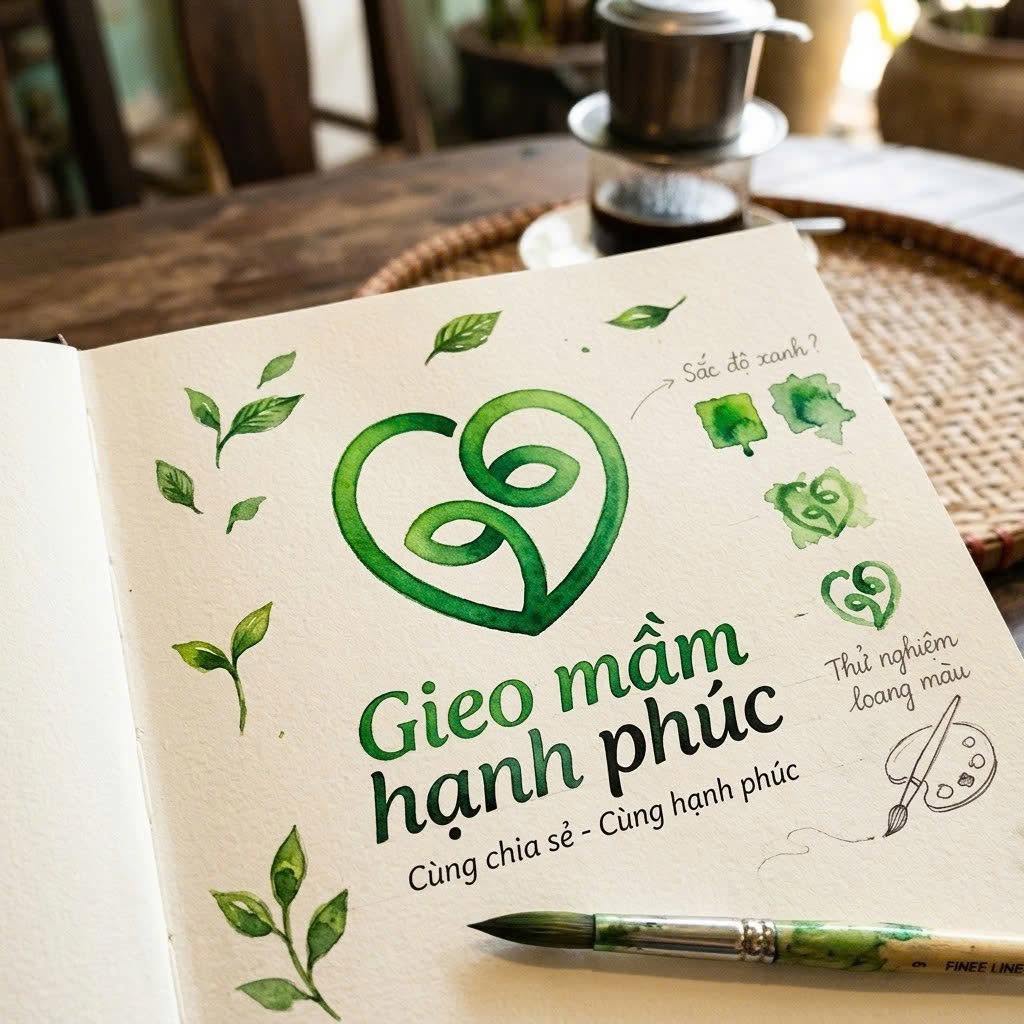 The Gieo Mầm Hạnh Phúc mark hand-painted in watercolour, testing shades of green