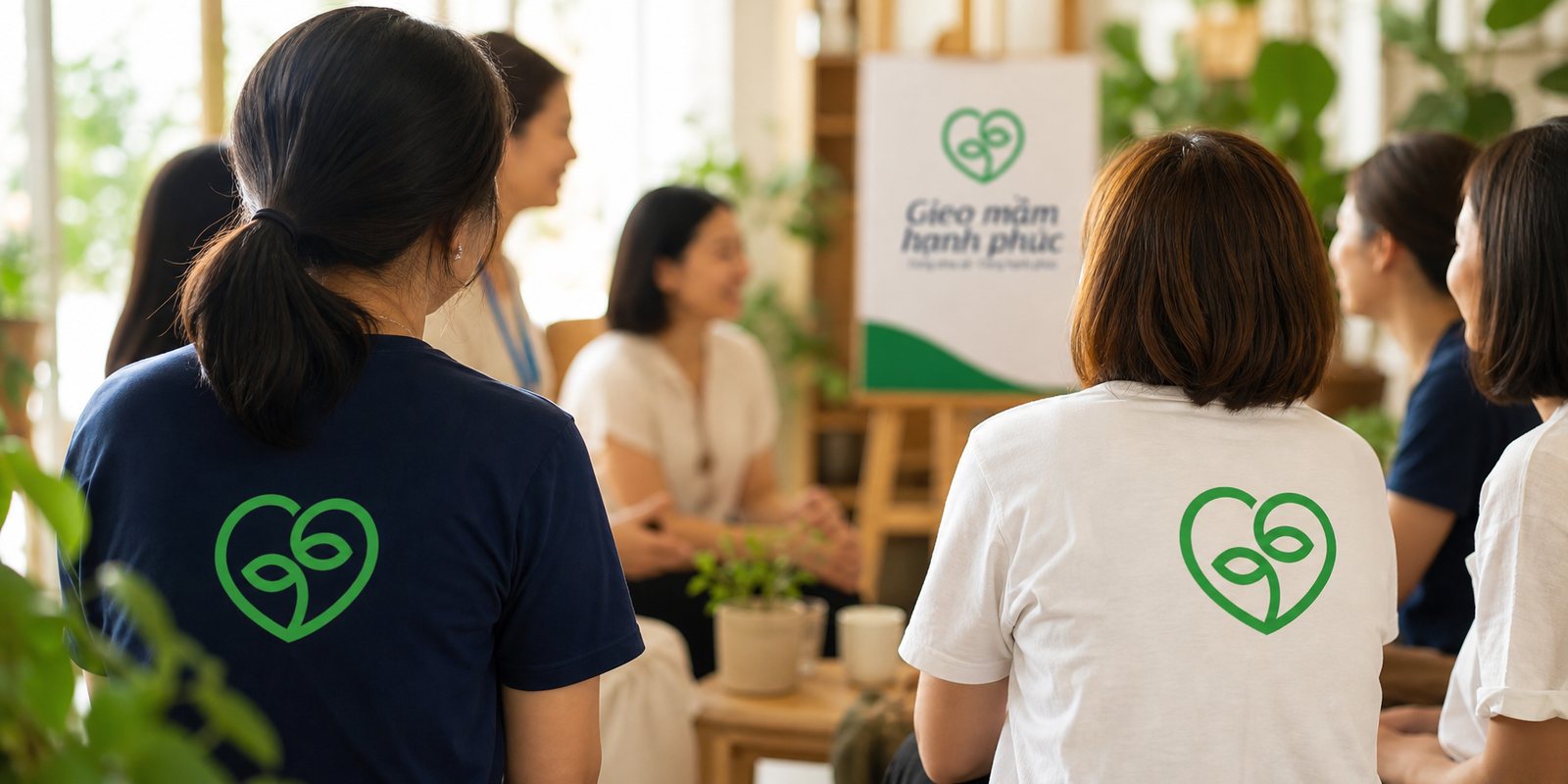 A member wearing the Gieo Mầm Hạnh Phúc mark on their shirt at a community sharing event