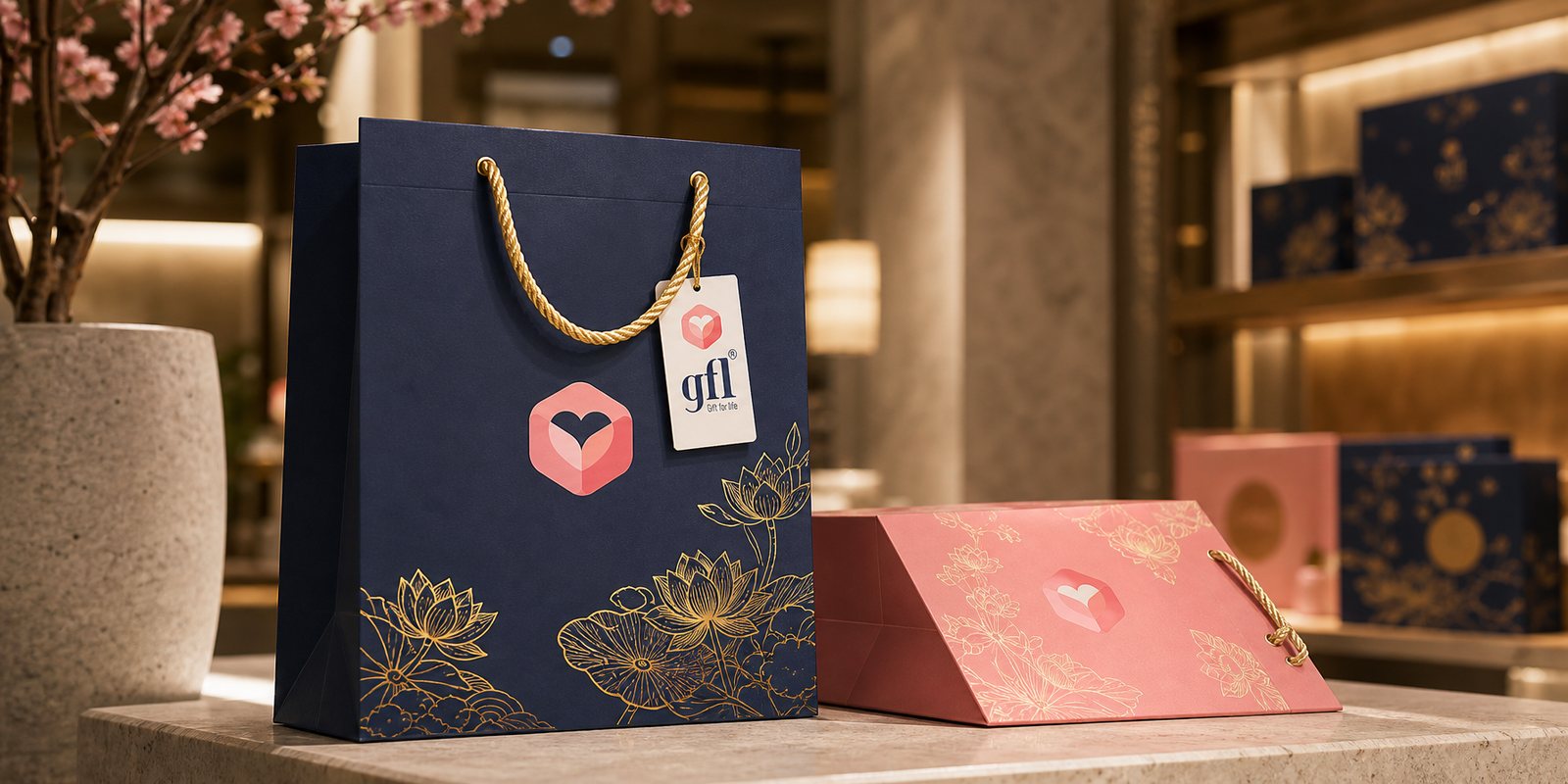 Gift carry bag Navy gift carry bag with a gold cord and gilded lotus motif