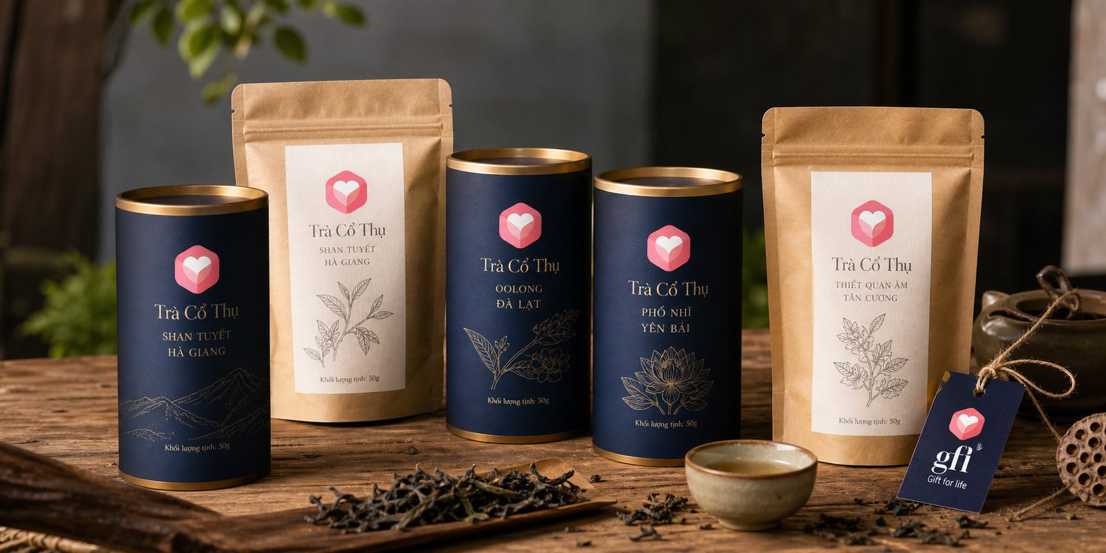 Cổ Thụ tea line Minimal label system for gfl's Cổ Thụ tea line