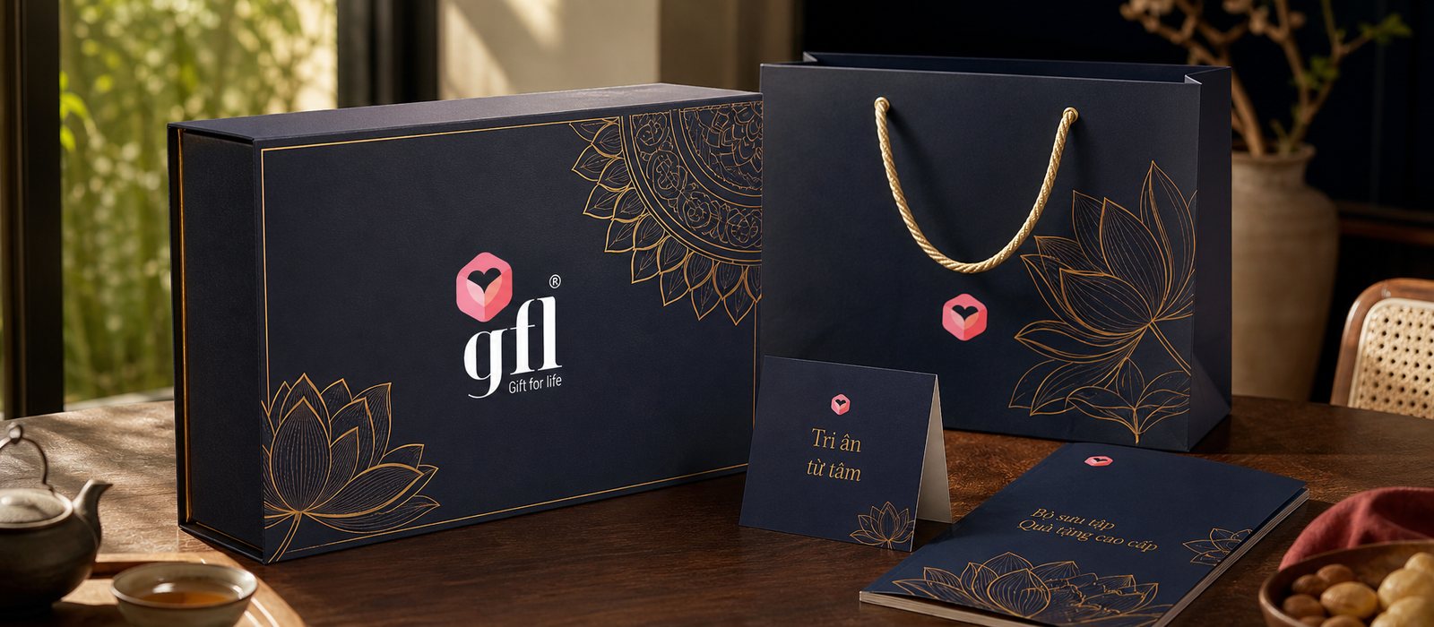 Full gift set gfl gift box, carry bag and card on a walnut wood table
