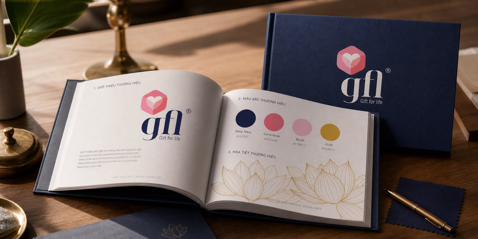 gfl identity guidelines open on a table, showing the symbol and colour palette