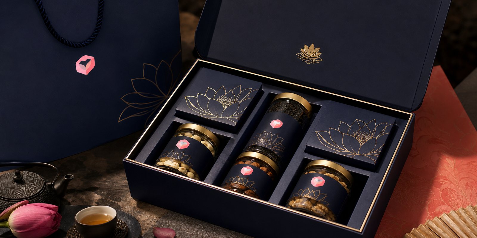 Gift box opened to reveal a shaped tray with tea jars and seeds bearing the heart mark