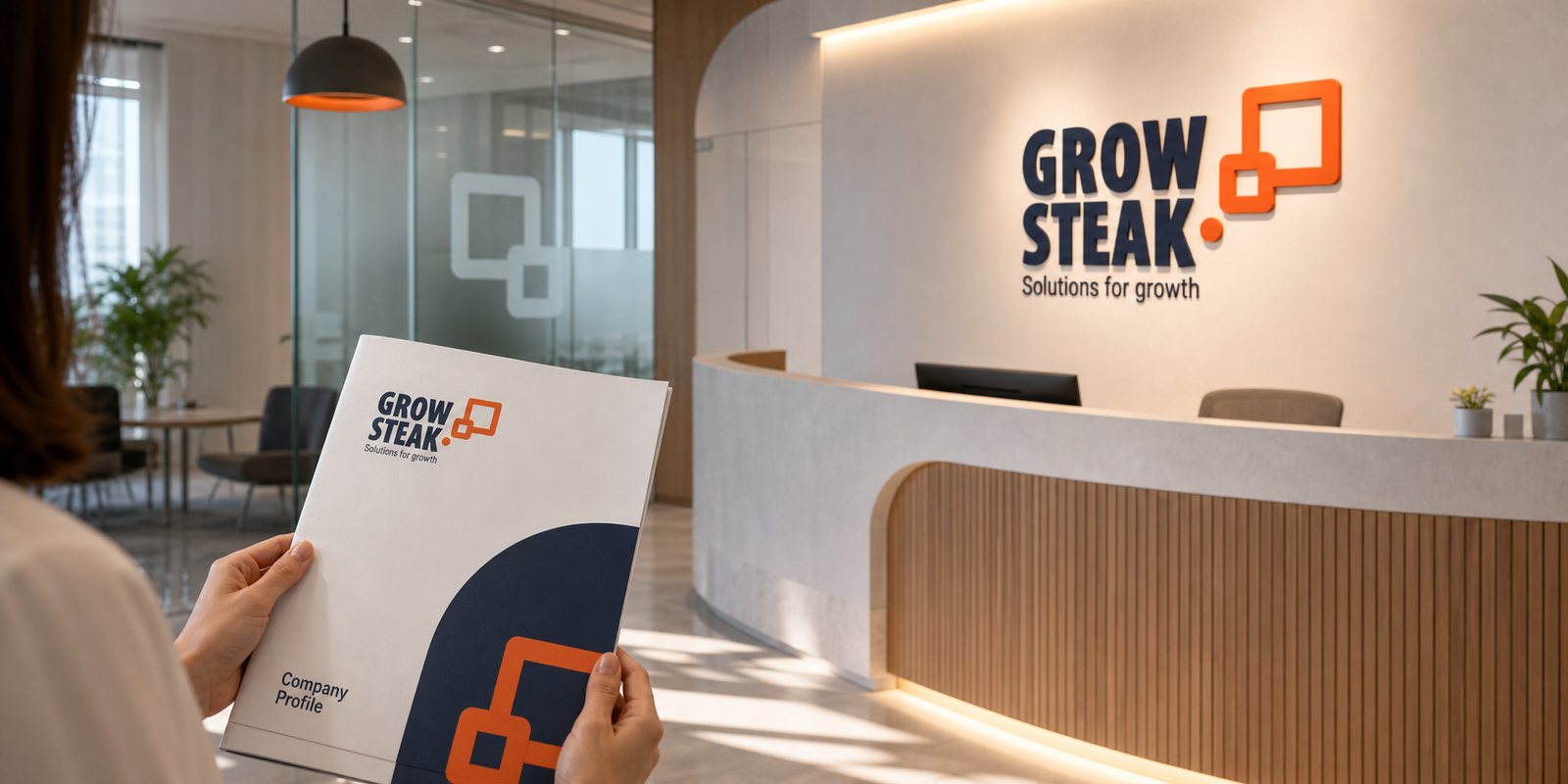 The GrowSteak identity on signage and in the workspace