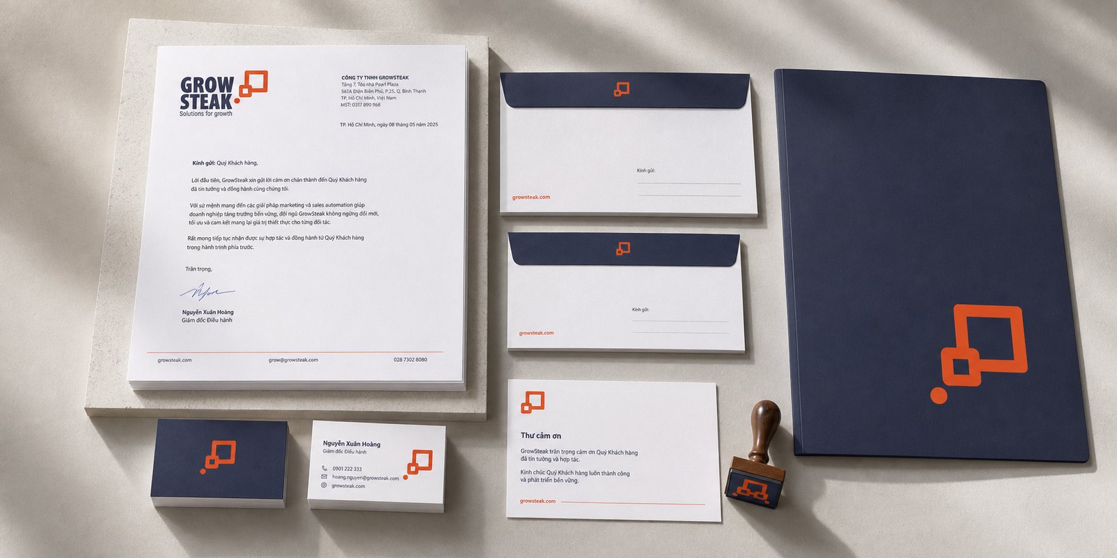GrowSteak stationery set: name card, letterhead, envelope