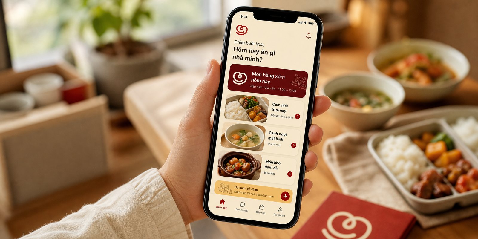 The Hàng Xóm Tốt ordering app: today's family meal laid out as warm cards