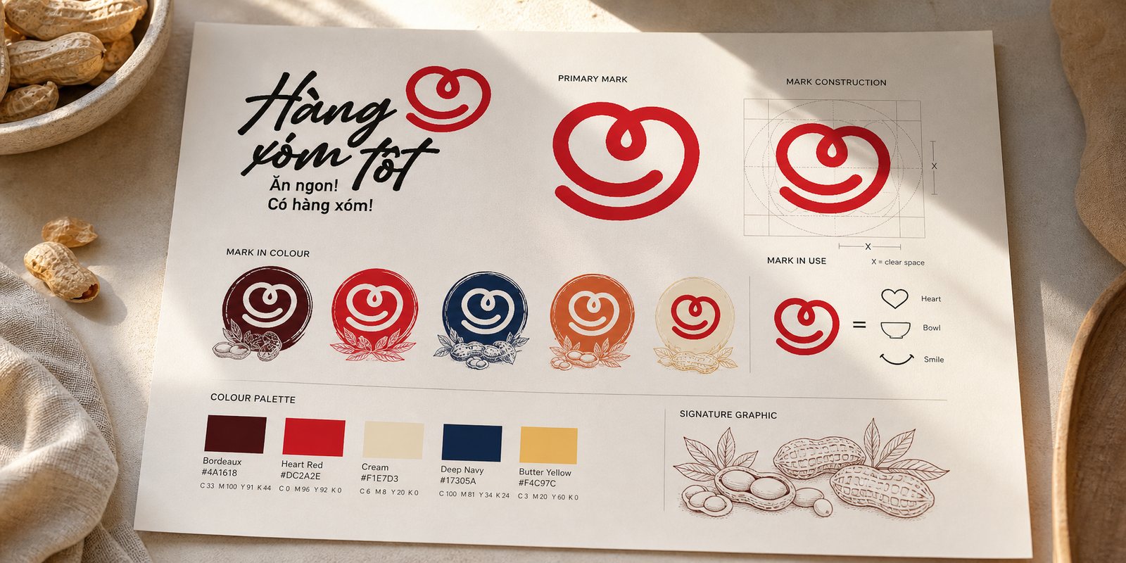 The Hàng Xóm Tốt mark system: the spiralling heart and a family of plum, navy and terracotta roundels