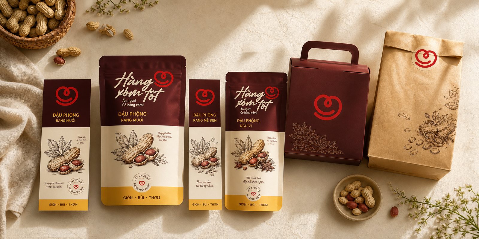 The Hàng Xóm Tốt packaging system: the roasted-peanut line and the family-meal box under one warm mark