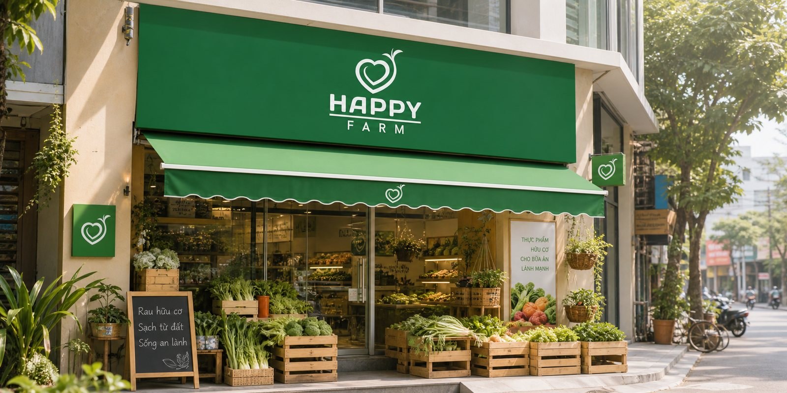 Biển hiệu và mặt tiền cửa hàng Happy Farm