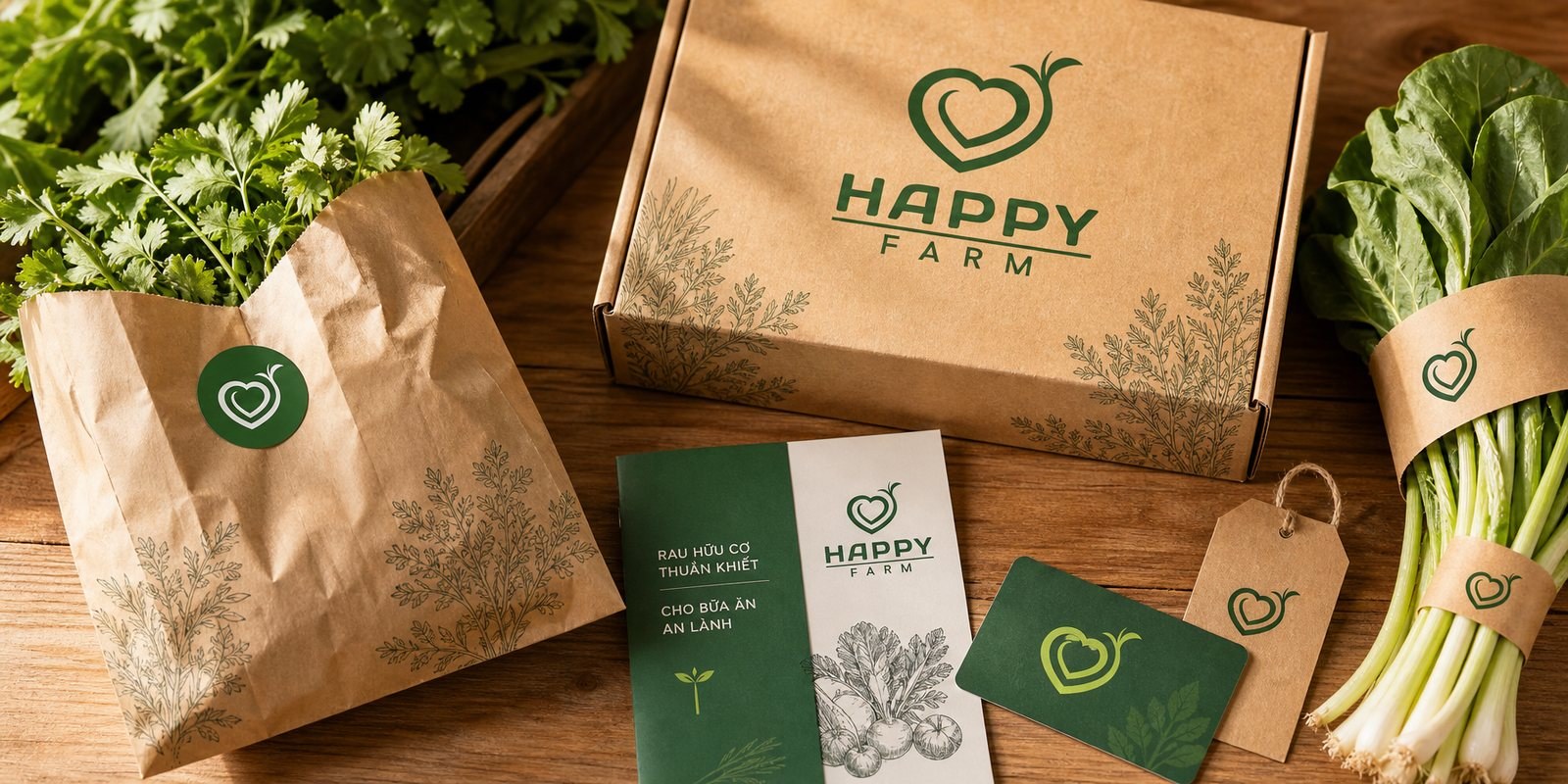 Bao bì và ấn phẩm xúc tiến Happy Farm: túi kraft, hộp rau, tem, thẻ