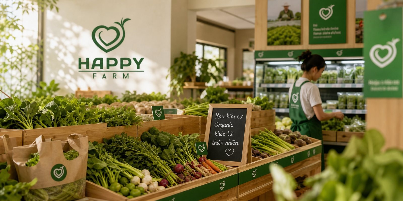 Nhận diện Happy Farm ứng dụng trong cửa hàng: kệ, bảng giá, tem rau
