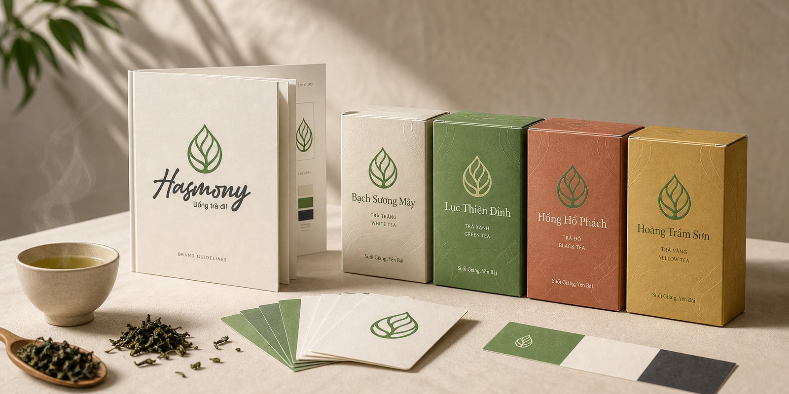 Hệ nhận diện Hasmony trên bao bì và ấn phẩm trà