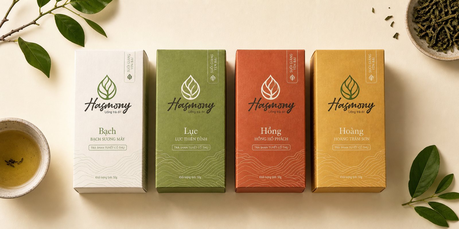 Hệ bao bì bốn dòng trà Hasmony xếp cạnh nhau