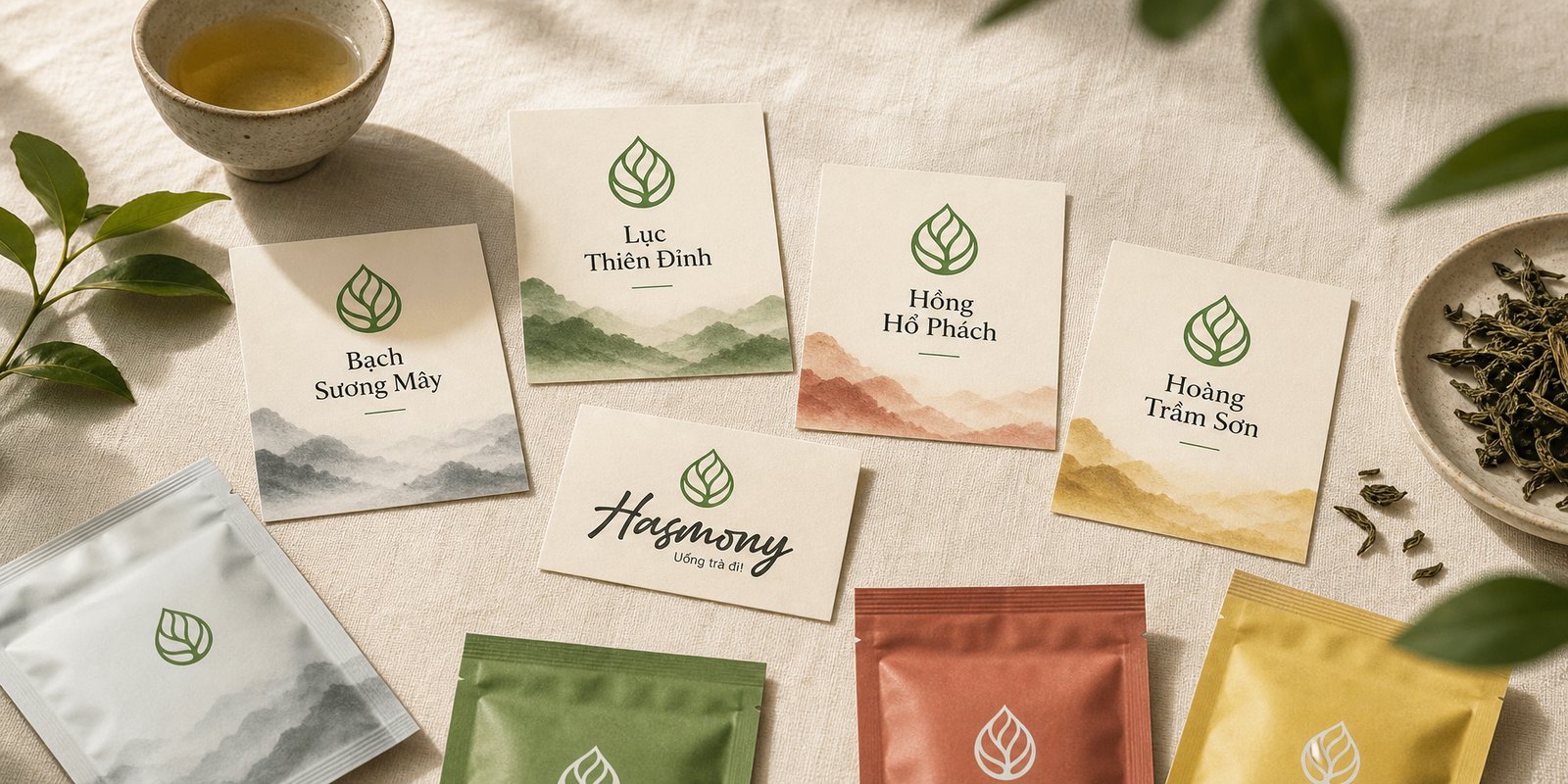Bộ tên sản phẩm trà Hasmony và tagline Uống trà đi trên nhãn