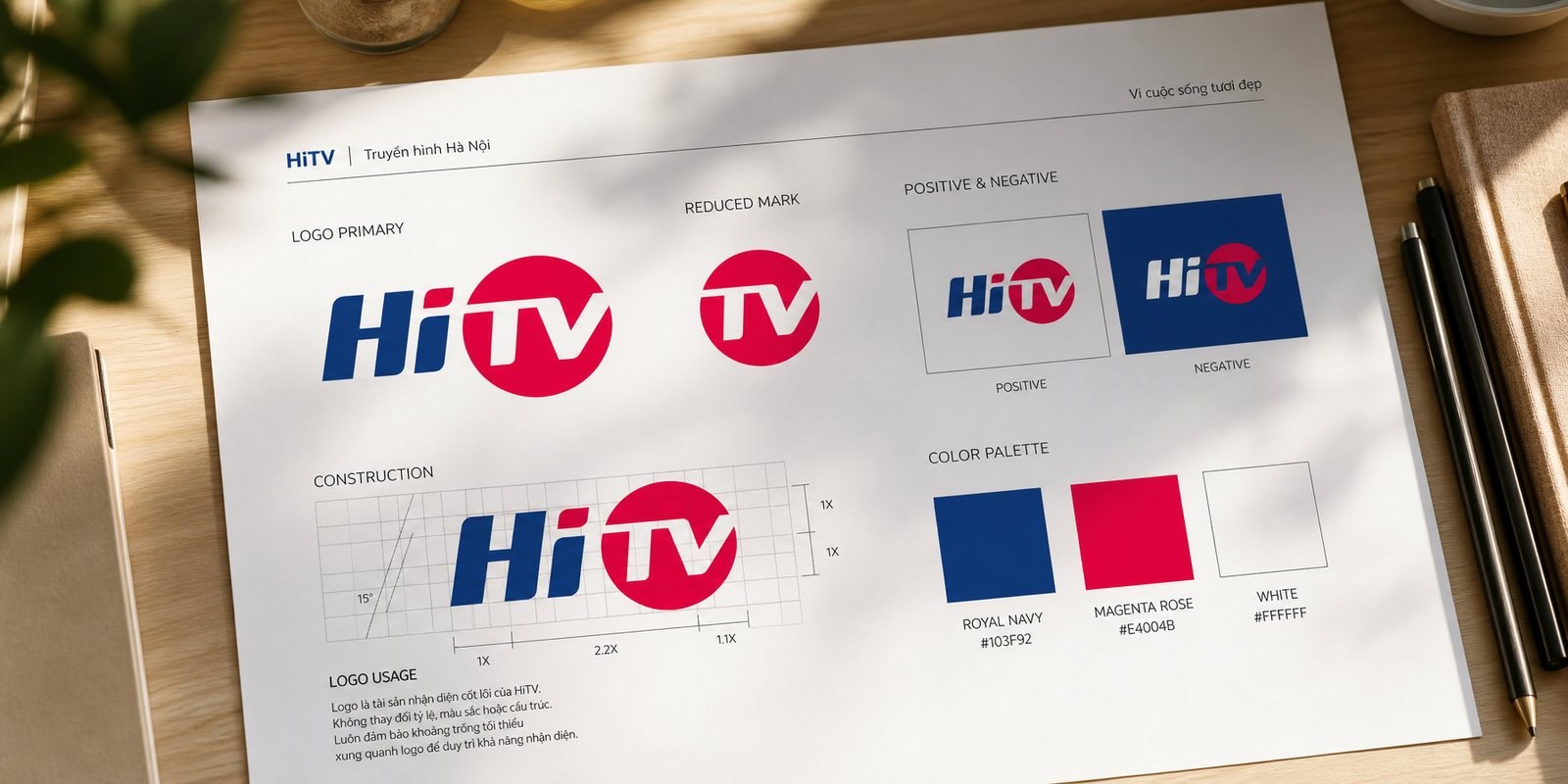 Hệ logo HiTV: bản đầy đủ, bản âm, dấu chấm 'TV' rút gọn và bảng màu navy hồng