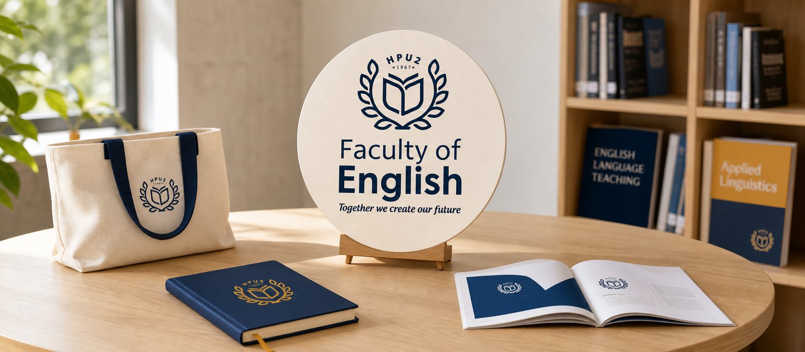 Bàn làm việc của Khoa Ngoại ngữ HPU2 với bảng hiệu Faculty of English, sổ tay và túi mang biểu trưng, nền kệ sách chuyên ngành tiếng Anh