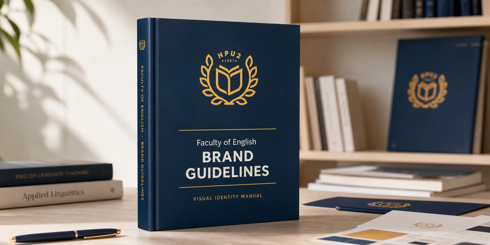 Cẩm nang quy chuẩn nhận diện Khoa Ngoại ngữ HPU2 bìa cứng navy đặt trên bàn, gáy in Brand Guidelines