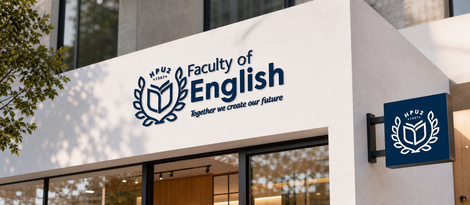 Biển hiệu Faculty of English trên khuôn viên trường cùng bảng treo mang biểu trưng