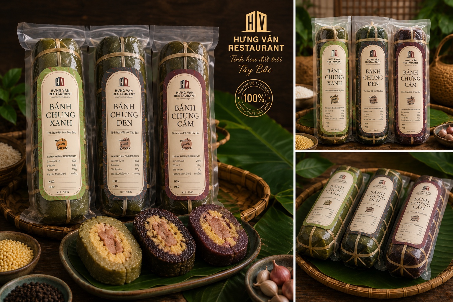 Hung Van sticky-rice cakes cut to reveal green, black and purple rice