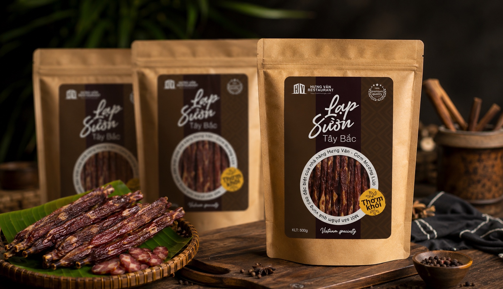 Hung Van Northwest sausage zip pouches with a window revealing the sausage