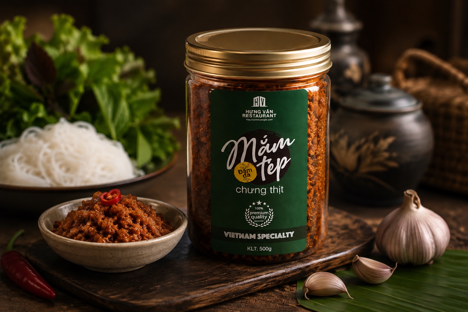 A Hung Van shrimp-paste jar beside rice noodles and fresh chili