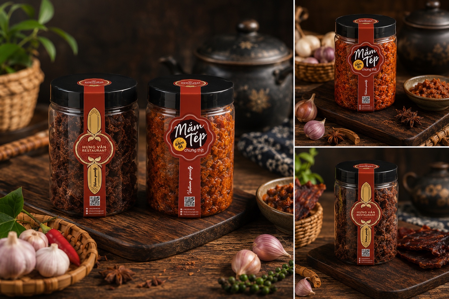 A set of Hung Van shrimp-paste jars on a wooden board