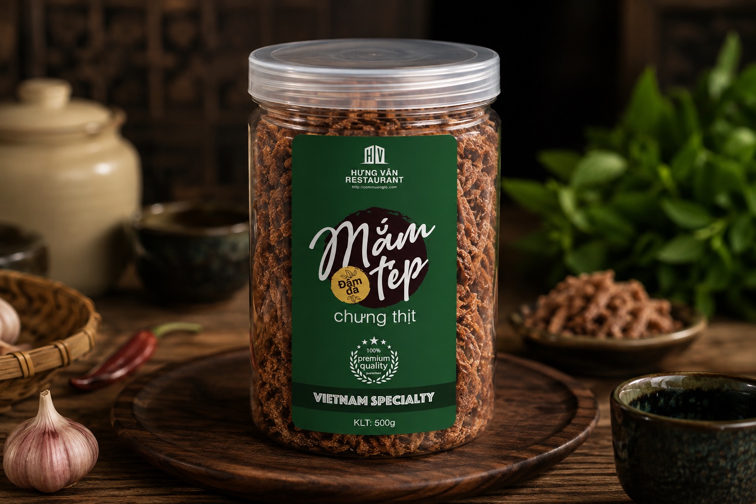 Hung Van shrimp-paste glass jar with a green label