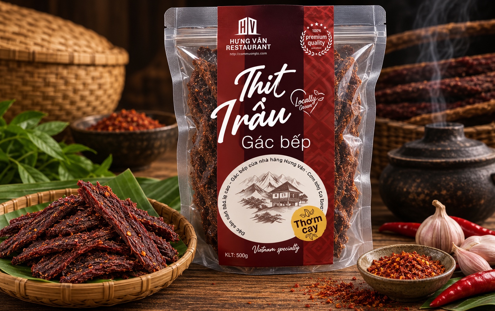 A Hung Van smoked buffalo meat pouch, a die-cut round hole revealing the smoky strands inside