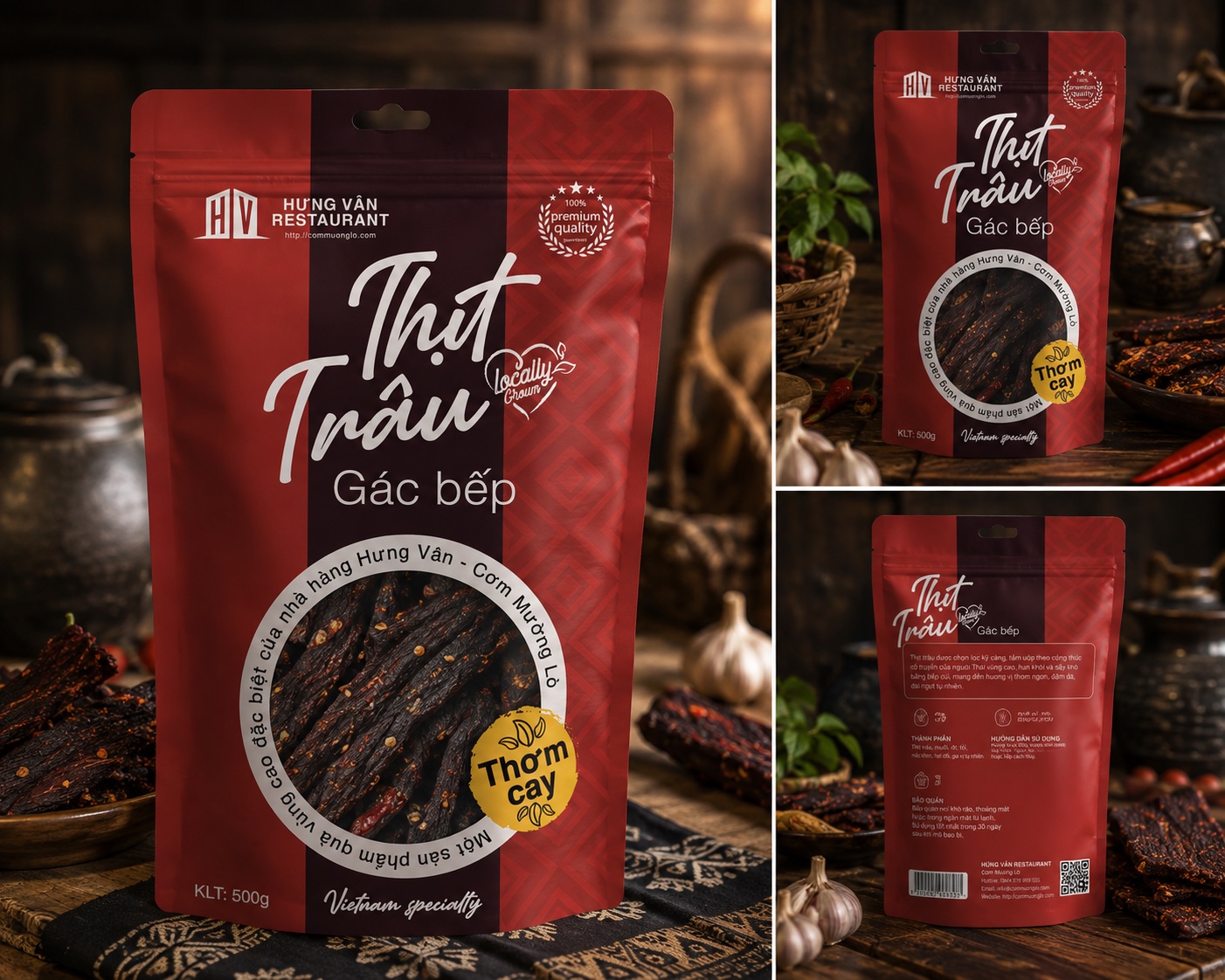 The Hung Van smoked buffalo meat label with a Black Thai brocade band and a window to the meat