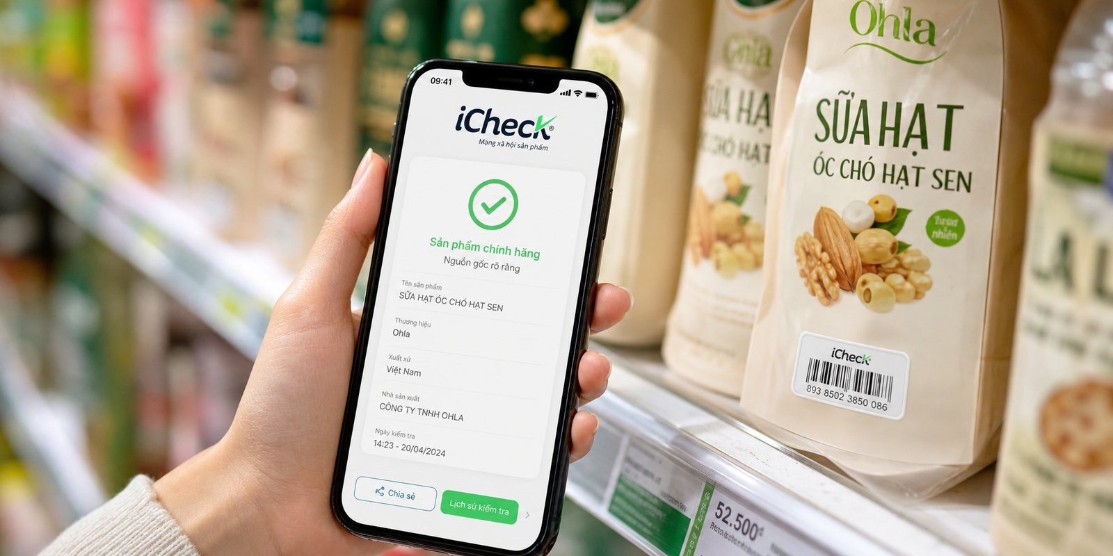 A shopper scanning a product with the iCheck app on a supermarket shelf
