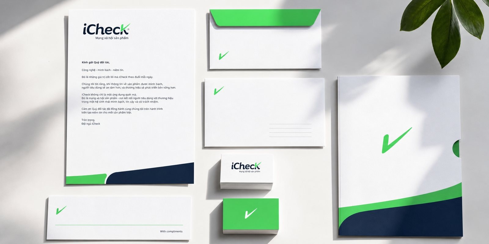 iCheck business card, letterhead and envelope