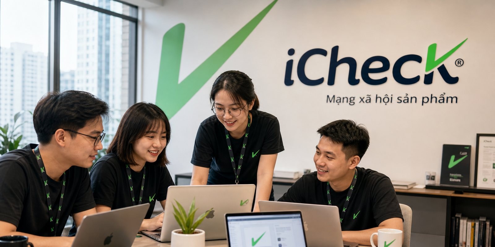 iCheck staff at work, the brand present across the workspace