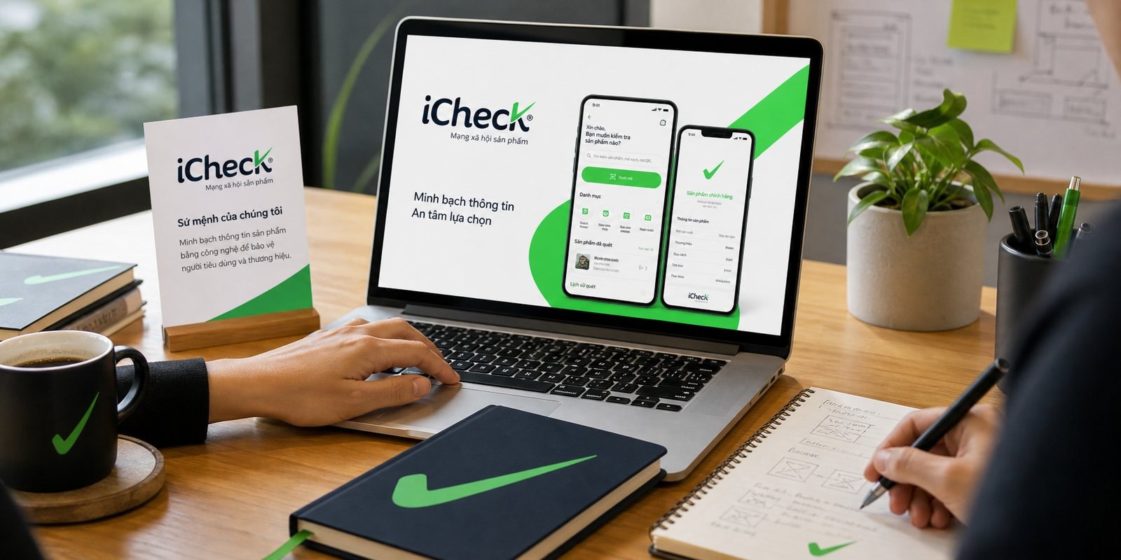 A working corner A desk with the iCheck app and branded stationery