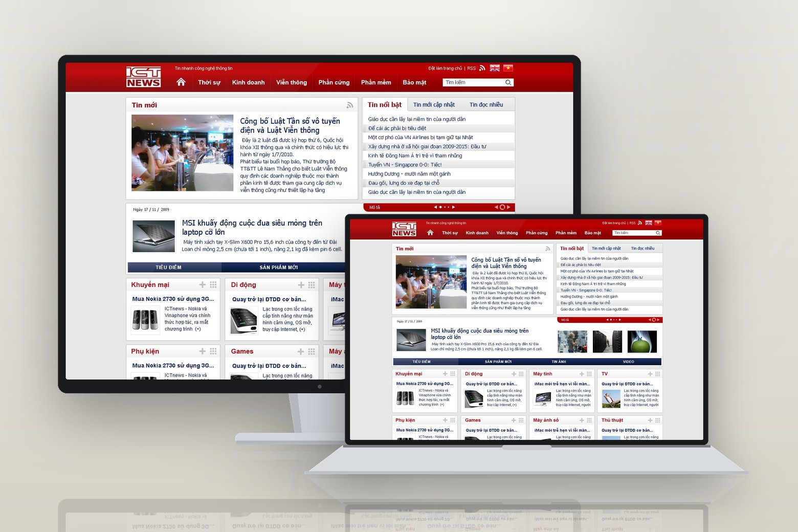 The ICTnews home page shown on a desktop monitor and a laptop