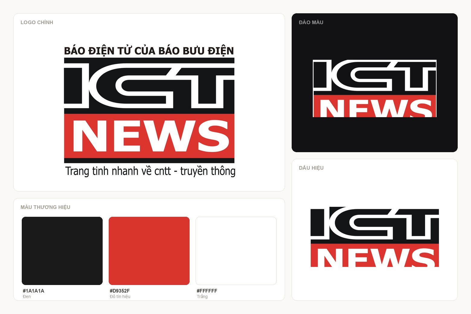 Hệ thống nhận diện ICT NEWS: logo chính, bản đảo màu, bảng màu thương hiệu và dấu hiệu