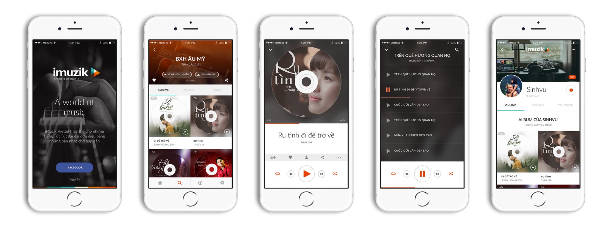 A lineup of imuzik app screens: intro, charts, player, playlist and profile