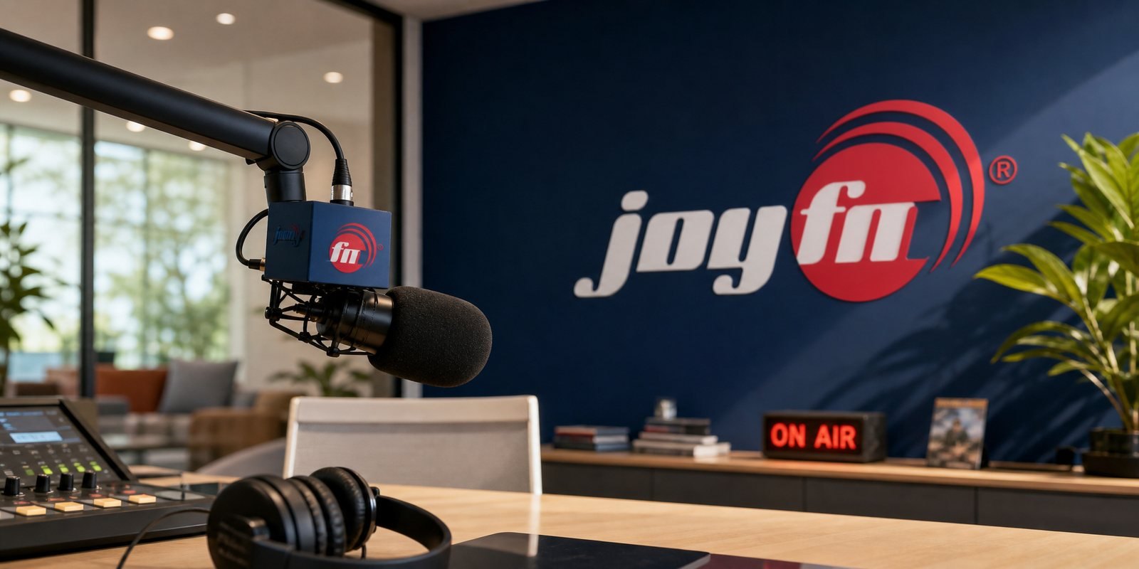The JoyFM identity in the studio: an on-air backdrop and a branded mic flag
